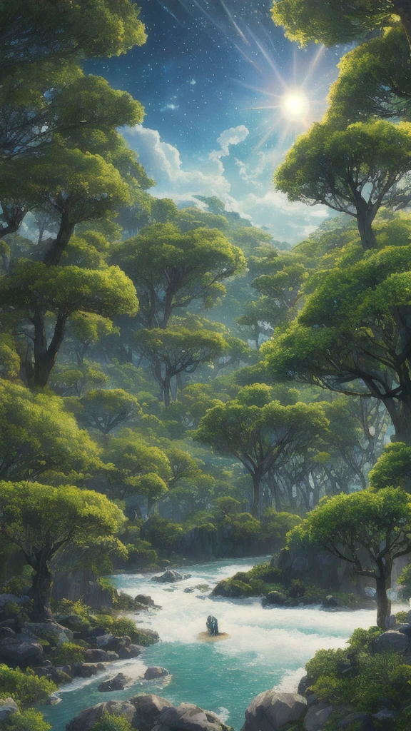 Surreal illustration , Otherworldly, Ultra-aerial scene featuring the entire body of a giant crystal tree,Very detailed and magical lighting, Intricate forest details, Surrounding vegetation and river, Solarpunk ,landscape, Giant Tree, Beautiful foliage with beautiful lighting and realistic proportions, Like a movie background, 8K, Highest quality, masterpiece, Sky with clouds and stars.