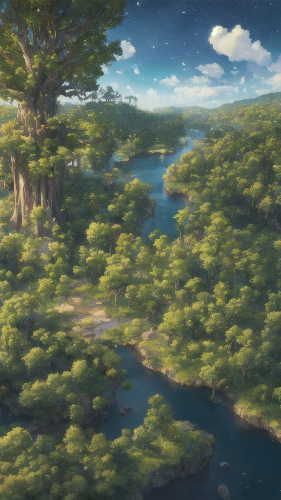 Surreal illustration , Otherworldly, Ultra-aerial scene featuring the entire body of a giant crystal tree,Very detailed and magical lighting, Intricate forest details, Surrounding vegetation and river, Solarpunk ,landscape, Giant Tree, Beautiful foliage with beautiful lighting and realistic proportions, Like a movie background, 8K, Highest quality, masterpiece, Sky with clouds and stars.