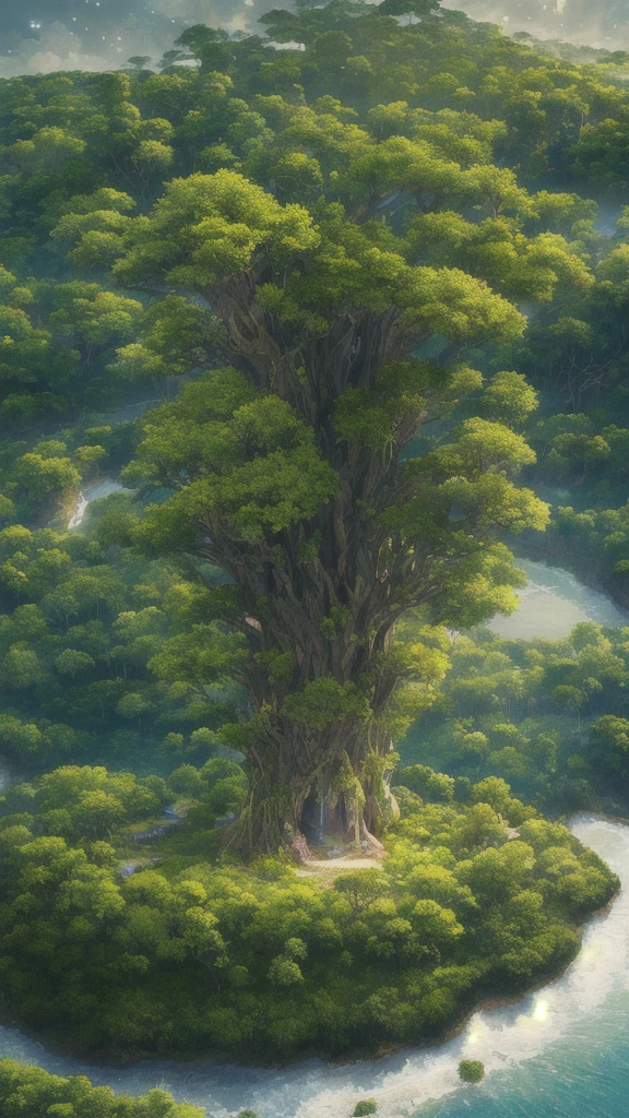 Surreal illustration , Otherworldly, Ultra-aerial scene featuring the entire body of a giant crystal tree,Very detailed and magical lighting, Intricate forest details, Surrounding vegetation and river, Solarpunk ,landscape, Giant Tree, Beautiful foliage with beautiful lighting and realistic proportions, Like a movie background, 8K, Highest quality, masterpiece, Sky with clouds and stars.