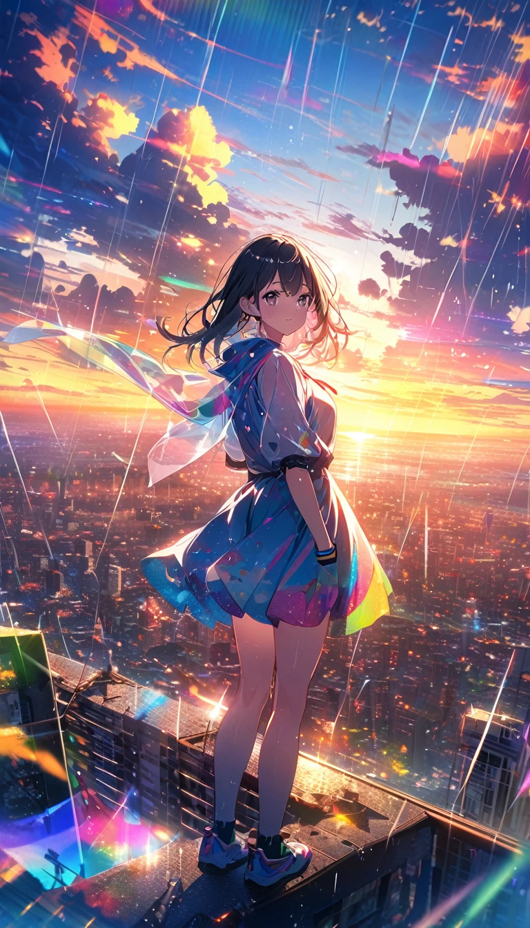 sunrise, bright, after rain, horizon, in the sky, city , lens flare, colorful, High resolution, 8K