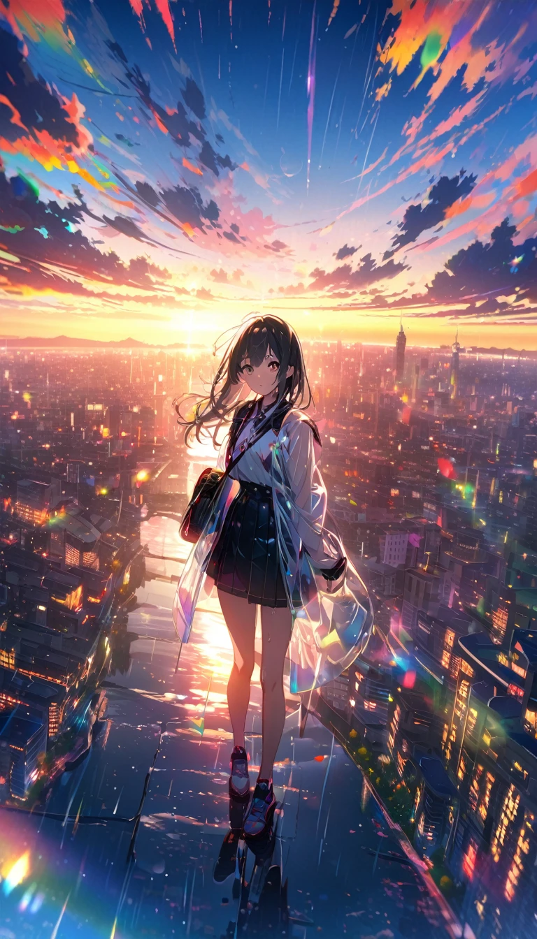 sunrise, bright, after rain, horizon, in the sky, city , lens flare, colorful, High resolution, 8K