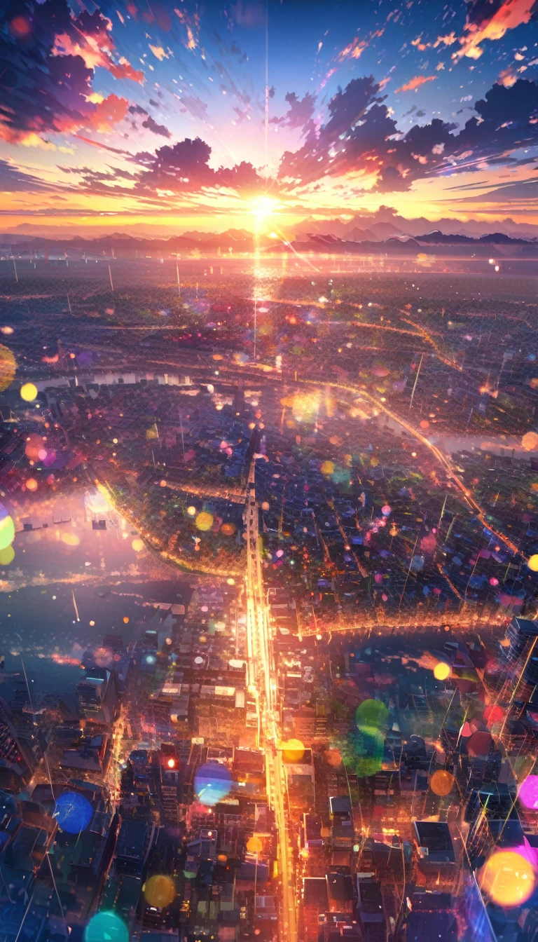 sunrise, bright, after rain, horizon, in the sky, city , lens flare, colorful, High resolution, 8K