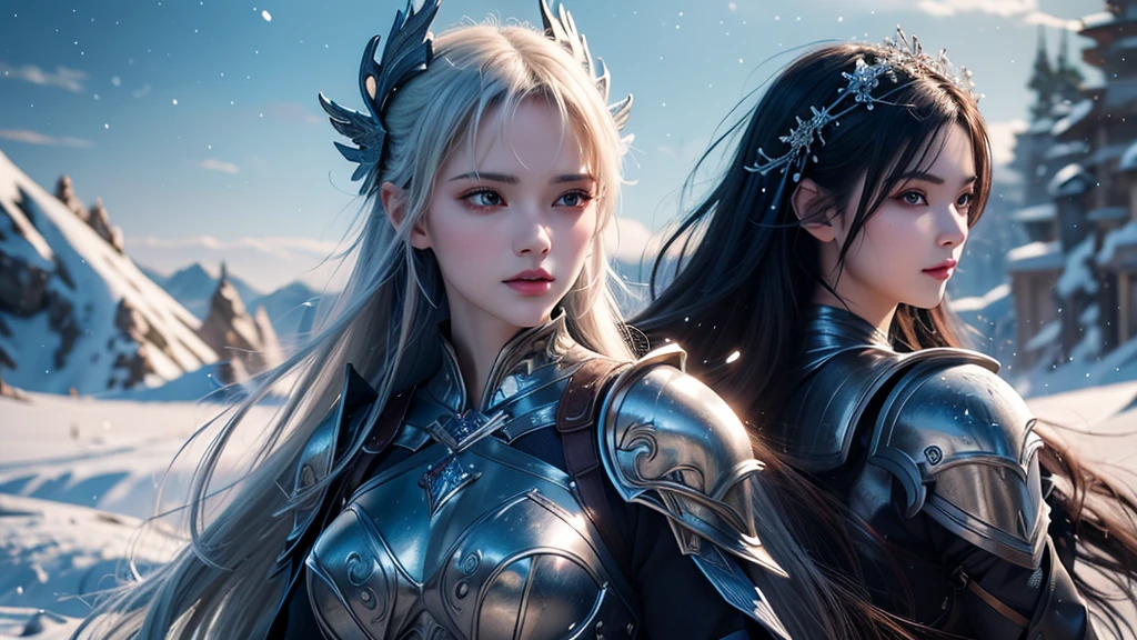 Close-up of woman holding sword and armor, Armor Girl, 2. 5D CGI anime fantasy artwork, Large Breasts，Epic fantasy digital art style, detailed Digital 2D fantasy art, Digital 2D fantasy art, original photo, (best quality:1.3), high resolution, (masterpiece), (lifelike:1.4), Professional photography, Clear focus, High Dynamic Range, 8k resolution, Intricate details, Fine details, Depth of Field, Extremely detailed CG unified 8k wallpaper, masterpiece，poster，best quality，Official Art，（Beauty and aesthetics：1.2），（masterpiece：1.3），Miss，personal，Light Leather Armor，complex pattern，winter，Snow Mountain，Medium distance photography，（midnight），dramatic，Giant bat wings，