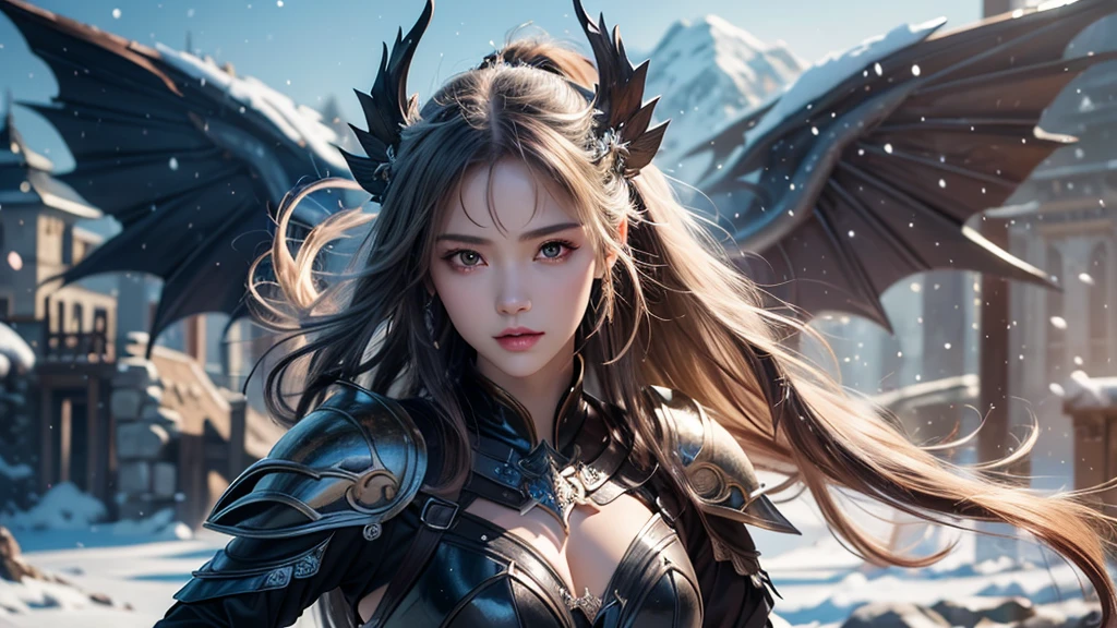 Close-up of woman holding sword and armor, Armor Girl, 2. 5D CGI anime fantasy artwork, Large Breasts，Epic fantasy digital art style, detailed Digital 2D fantasy art, Digital 2D fantasy art, original photo, (best quality:1.3), high resolution, (masterpiece), (lifelike:1.4), Professional photography, Clear focus, High Dynamic Range, 8k resolution, Intricate details, Fine details, Depth of Field, Extremely detailed CG unified 8k wallpaper, masterpiece，poster，best quality，Official Art，（Beauty and aesthetics：1.2），（masterpiece：1.3），Miss，personal，Light Leather Armor，complex pattern，winter，Snow Mountain，Medium distance photography，（midnight），dramatic，Giant bat wings，