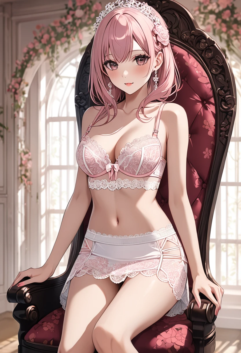 ((Highest quality, masterpiece, freak, Super Resolution)), 1 Girl,Sit on a chair、 Spy Family Yoru 、Tight mini skirt、Panties、(Balconette bra top) White base color with pale pink accents. Bra top is、It features intricate lace and floral patterns covering the cups.。. White frills decorate the edges,  Lace and floral design on the front. Perfect for a bold statement.
