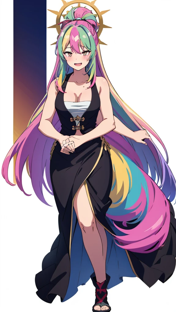 (1girl,20 years old),rainbow hair,long hair,black dress, sleeveless,bare shoulders,smile,blush,cleavage,looking at view,sunlight,in a village,sun,laughing,open mouth,running,full body,(simple backgroun,white background)