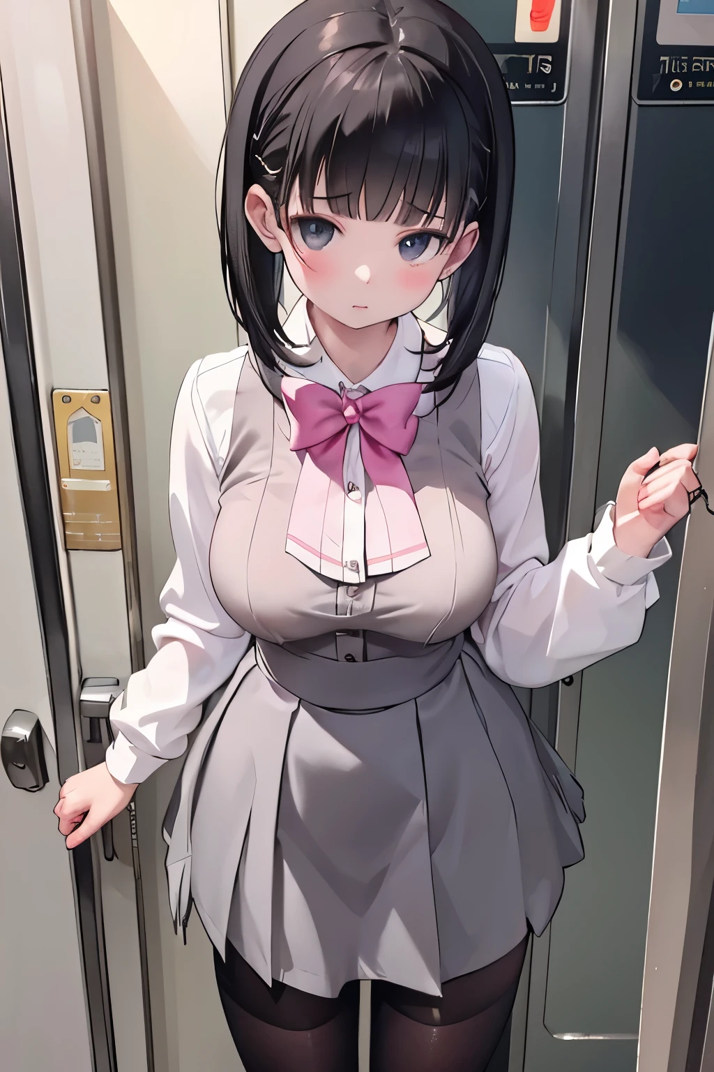 (8K、Highest quality、highest quality、masterpiece)、Detailed face、One girl、on the train、Touch the door with both hands、Press against chest、((ドアの窓ガラスにPress against chest1.4))、、short hair、、blunt bangs、Grey Eyes、、、((Blazer jacket uniform))、((Pleated skirt))、((No panties))、((bent over))、Back Alley Background、Very large breasts、Nipples are visible、、Black Pantyhose、Milk dripping from nippleilk spurting from the nipple、、、Troubled face、Love juice from the genitals、Full body portrait、Black Loafers、One man、Hearts in the eyes、Sex with a man、A man stands behind、A man grabs my waist from behind、Standing doggy style、Put your hand on the door、Exposing the breasts、Bare your breasts、pussy