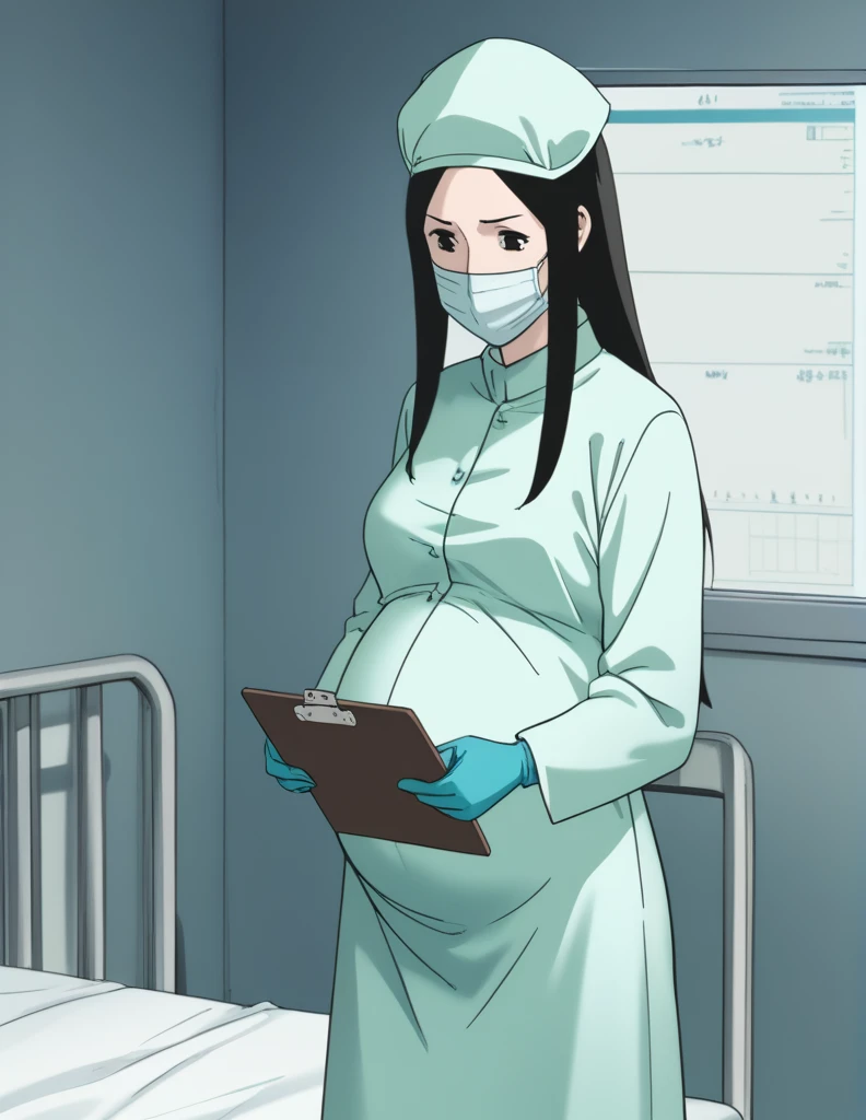 score_9, score_8_up, score_7_up, source_anime, kasuganoray, pale skin, shy eyes, long hair, scrubs, surgical mask, surgical cap, long sleeve maternity gown,
1girl, pregnant, solo, rubber gloves, clipboard, looking down, furrowed brow, privacy screen, hospital bed, standing