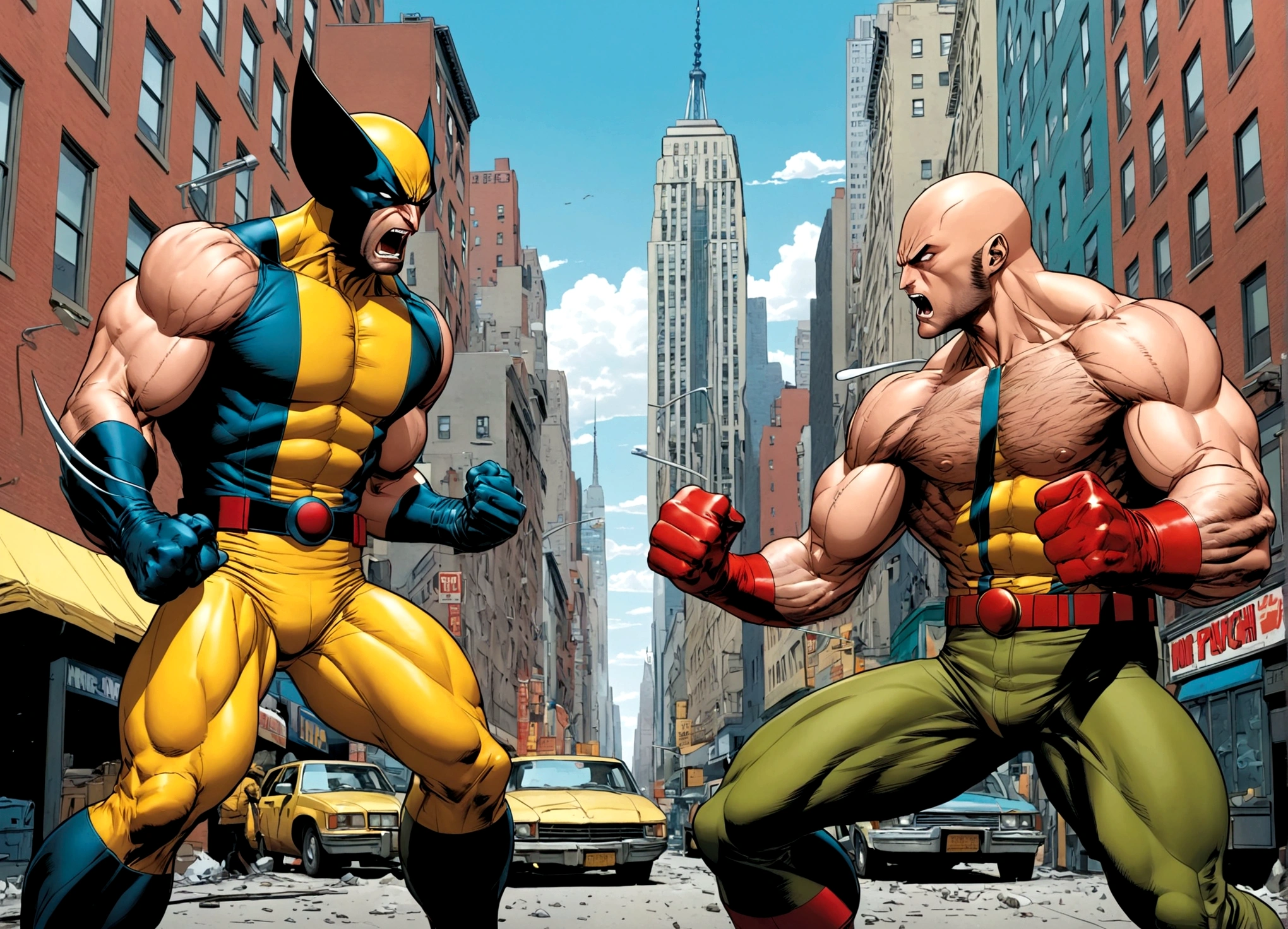 Marvel's Wolverine (90s comic style) is enraged, claws out ready to fight, One punch man Saitama is not impressed. set in new york city. standoff
