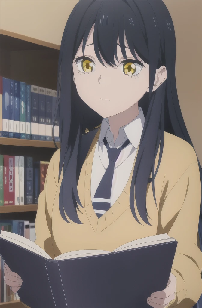 (extremely detailed CG unity 8k wallpaper), (masterpiece), (best quality), (ultra-detailed), (best illustration), (best shadow), (absurdres),  miko, long hair, yellow eyes, necktie, , book, sweater, multiple girls, black hair, blue hair, reading, shirt, blurry