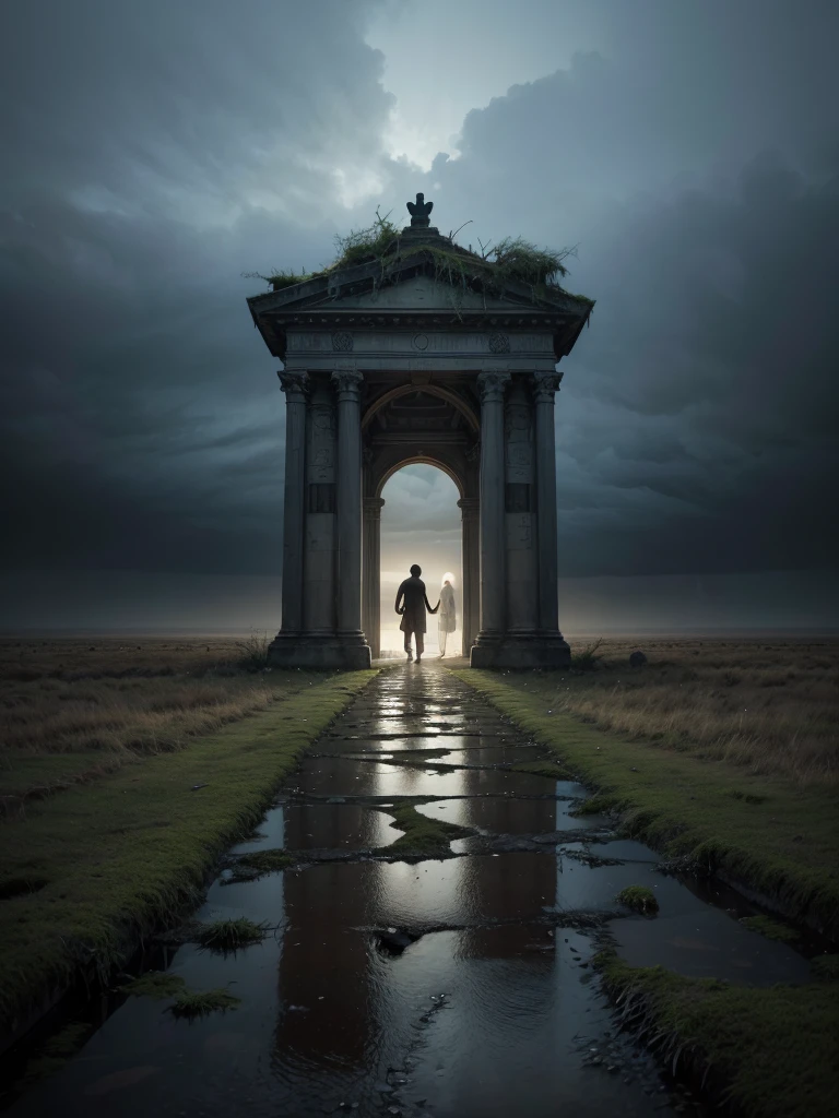 Imagine the Threshold as a vast territory of darkness and dense fog, with a heavy and oppressive atmosphere. The sky is perpetually cloudy, with dark and turbulent clouds, obscuring any glimmer of light. The soil is arid and rocky, covered in sparse, twisted vegetation, as if nature itself were suffering.
When walking through this region, you see spirits wandering aimlessly, with expressions of deep sadness and regret. Your clothes are worn out and dirty, reflecting the state of their souls. Some spirits gather in small groups, murmuring to each other, while others remain isolated, Lost in your own thoughts.
Ruined structures dot the landscape, memories of past lives and mistakes made. Dark and decaying buildings, with walls covered in moss and cracks, seem to emerge from the ground as silent witnesses of the suffering present there.
Lakes with dark, turbid waters appear sporadically, reflecting only the darkness around. The air is thick and difficult to breathe, charged with a sense of despair and desolation.
However, In the midst of this darkness, there are scattered points of light. Enlightened spirits, with soft and glowing auras, walk among the disembodied, offering words of comfort and guidance. These spiritual mentors are beacons of hope, guiding suffering spirits towards paths of reflection and self-improvement.
in some areas, it is possible to see portals or passages to higher spiritual colonies, shining with a welcoming light. These portals represent the promise of redemption and evolution, inviting spirits to leave their pain behind and move towards a brighter future.