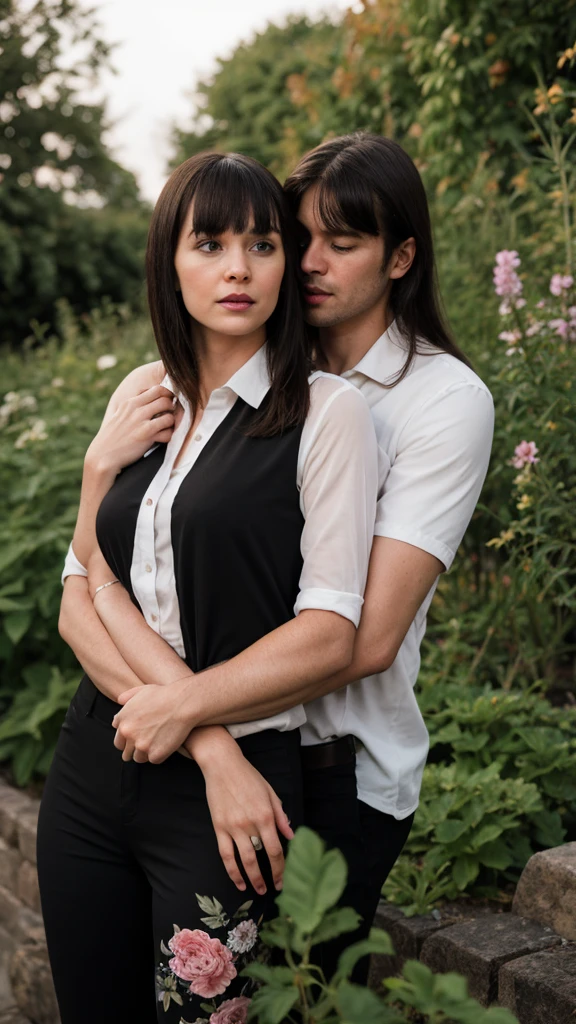 photorealistic couple portrait, husband short hair, husband wearing white collared shirt and black pants, wife long hair with bangs, wife wearing floral summer dress, wife cling to husband's arm, facing straight to viewer, garden background, detailed facial features, intricate clothing textures, warm natural lighting, shallow depth of field, cinematic composition, vibrant colors, high-quality digital painting