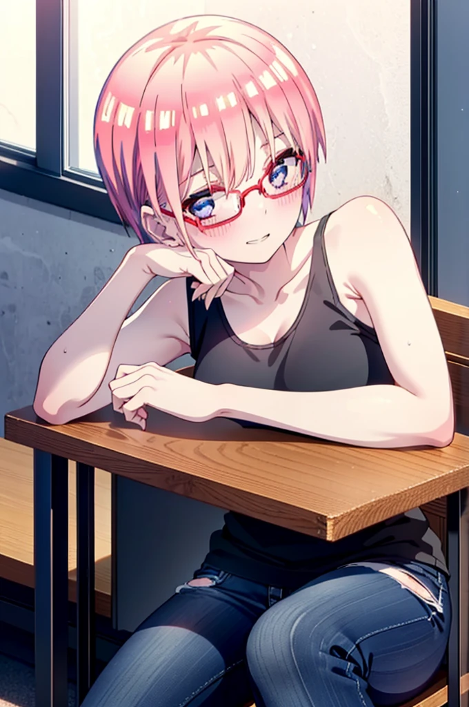 ichikanakano, Nakano Ichika, short hair, bangs, blue eyes, Hair between the eyes, Pink Hair, Grin,smile,Glasses,black tank top shirt,Skinny jeans,Stiletto heels,interior,There is a computer on the table,whole bodyがイラストに入るように,Walking,Daytime,Clear skies,
break indoors, office,
break looking at viewer,whole body,
break (masterpiece:1.2), Highest quality, High resolution, unity 8k wallpaper, (figure:0.8), (Beautiful attention to detail:1.6), Highly detailed face, Perfect lighting, Highly detailed CG, (Perfect hands, Perfect ???????),