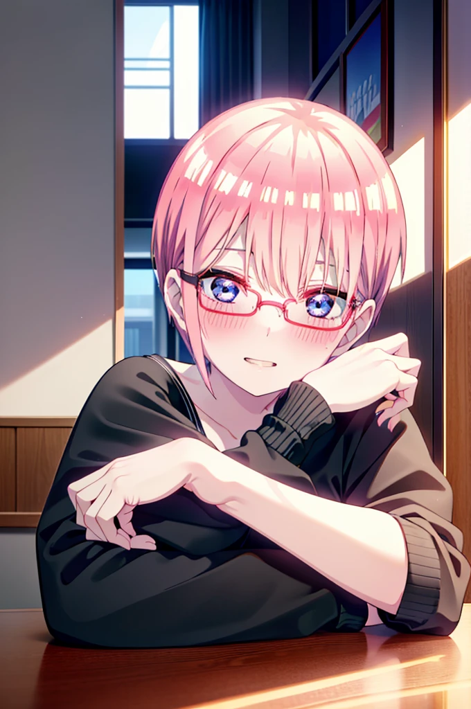 ichikanakano, Nakano Ichika, short hair, bangs, blue eyes, Hair between the eyes, Pink Hair, Grin,smile,Glasses,black tank top shirt,Skinny jeans,Stiletto heels,interior,There is a computer on the table,whole bodyがイラストに入るように,Walking,Daytime,Clear skies,
break indoors, office,
break looking at viewer,whole body,
break (masterpiece:1.2), Highest quality, High resolution, unity 8k wallpaper, (figure:0.8), (Beautiful attention to detail:1.6), Highly detailed face, Perfect lighting, Highly detailed CG, (Perfect hands, Perfect Anatomy),
