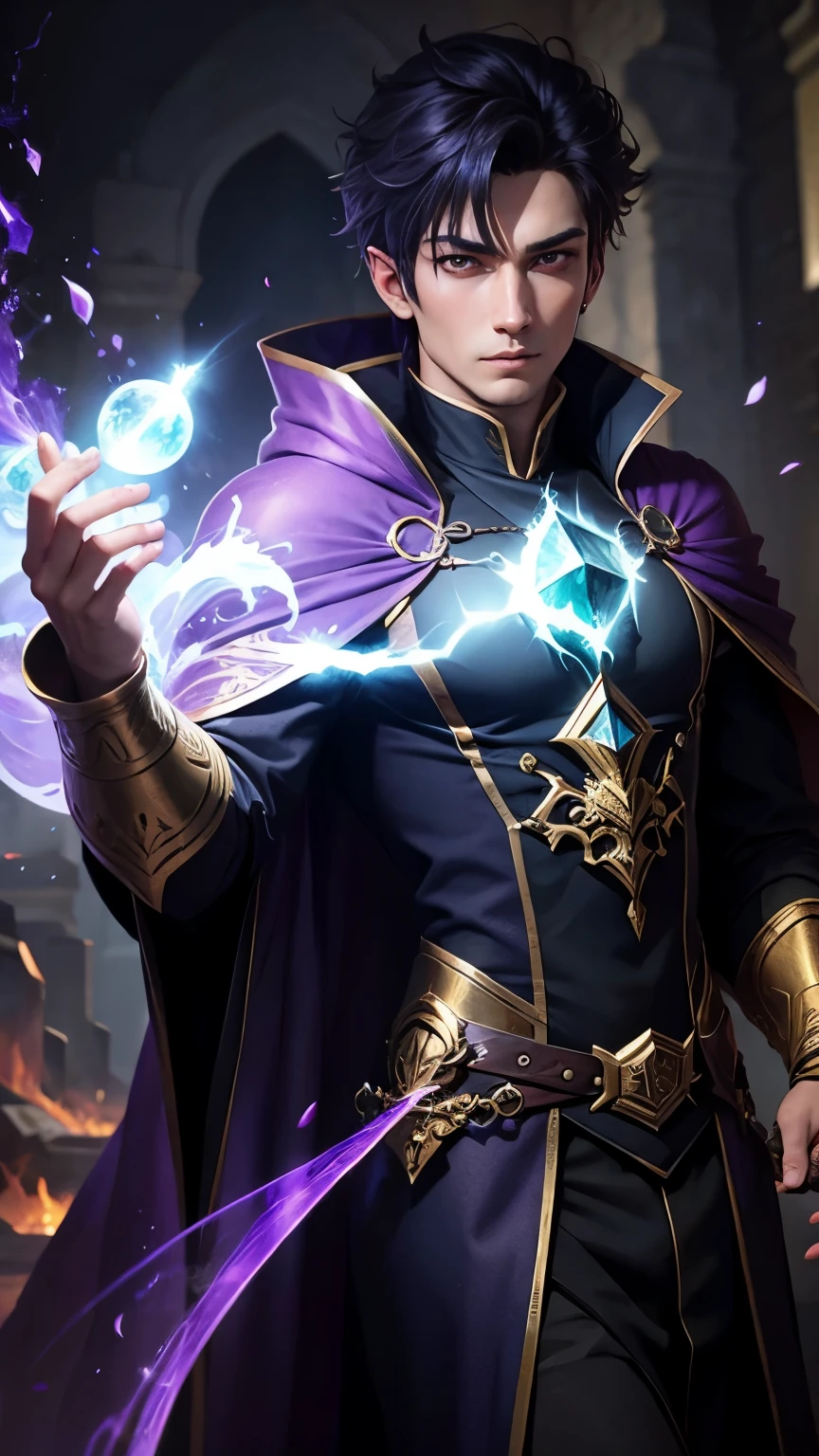 male mage, dark purple robe with emerald colored details, casting a magic spell of glass