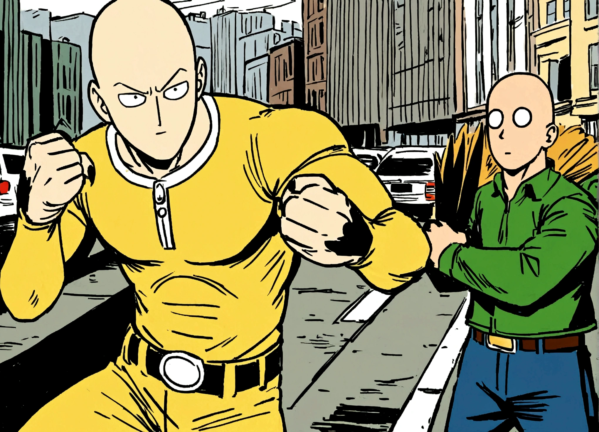 Marvel's Wolverine (90s comic style) is enraged, claws out ready to fight, One punch man Saitama is not impressed. set in new york city. standoff
