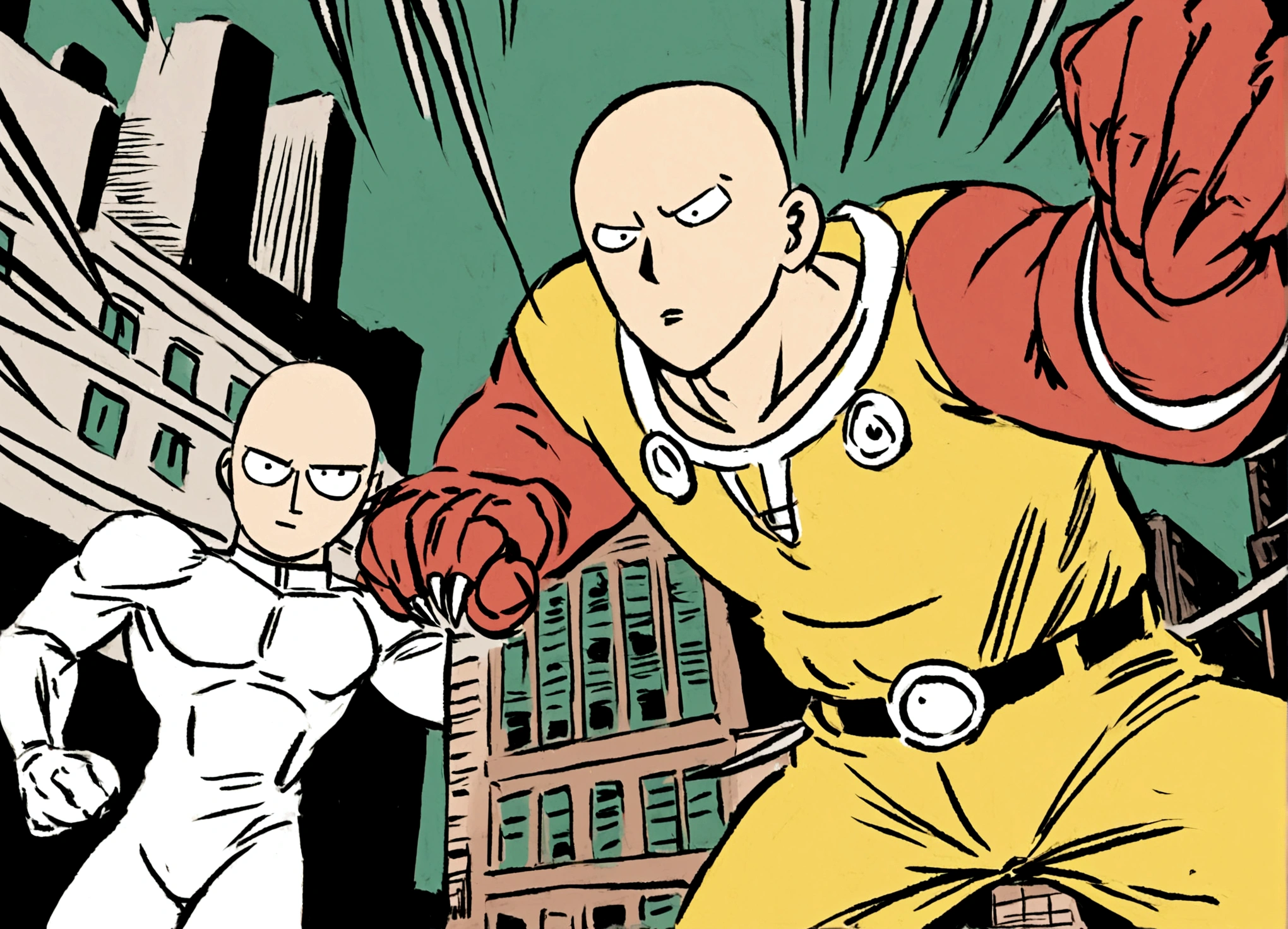 Marvel's Wolverine (90s comic style) is enraged, claws out ready to fight, One punch man Saitama is not impressed. set in new york city. standoff