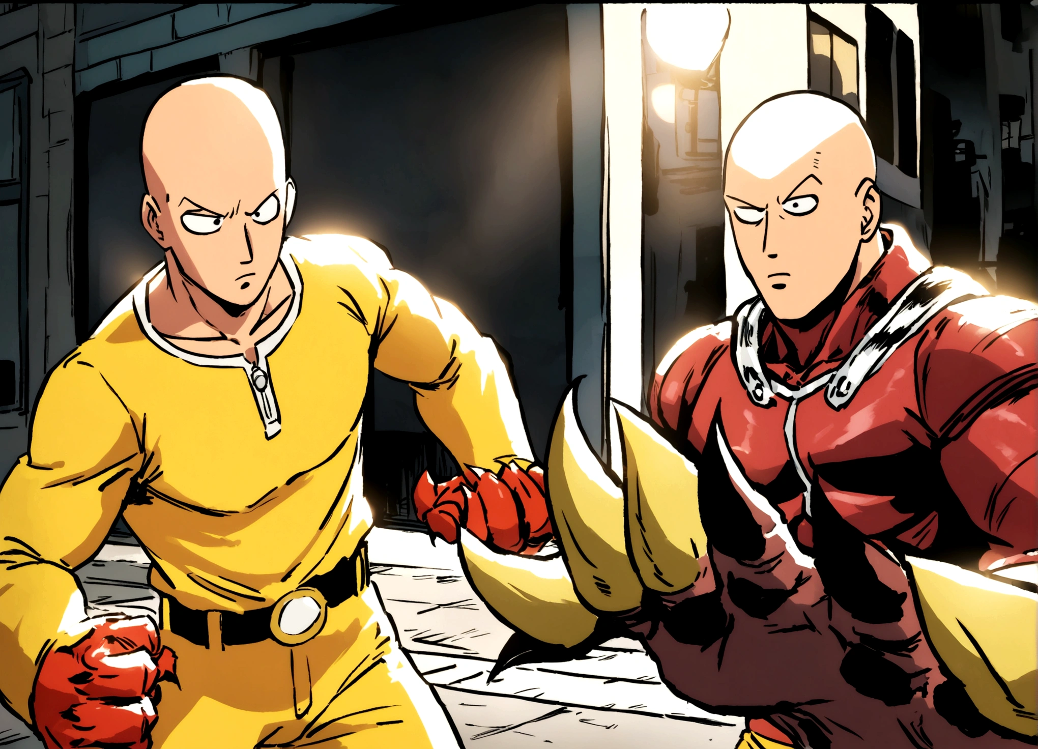 Marvel's Wolverine (90s comic style) is enraged, claws out ready to fight, One punch man Saitama is not impressed. set in new york city. standoff
