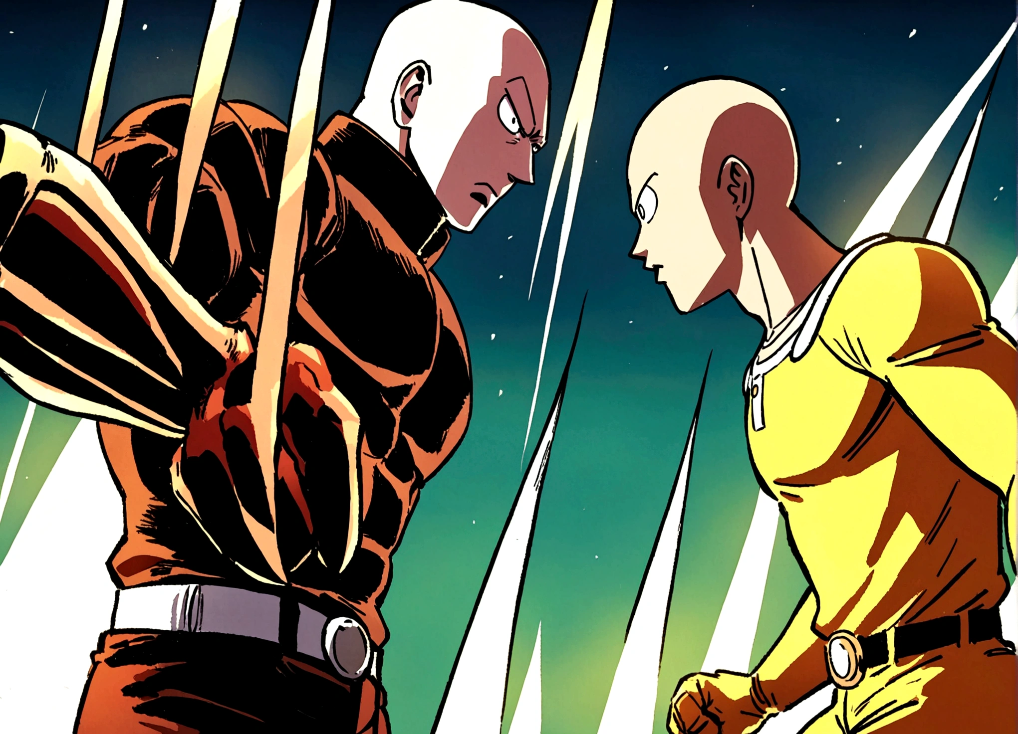 Marvel's Wolverine (90s comic style) is enraged, claws out ready to fight, One punch man Saitama is not impressed. set in new york city. standoff
