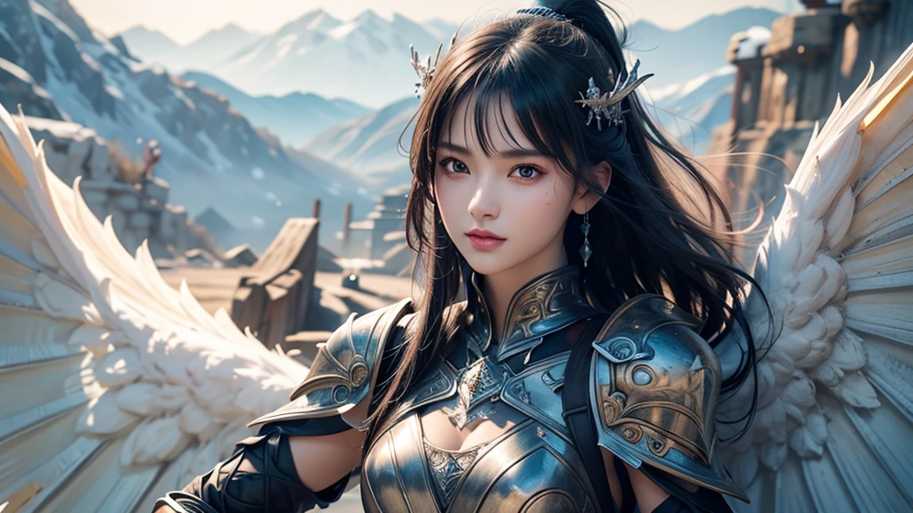 Close-up of woman holding sword and armor, Armor Girl, 2. 5D CGI anime fantasy artwork, Large Breasts，Epic fantasy digital art style, detailed Digital 2D fantasy art, Digital 2D fantasy art, original photo, (best quality:1.3), high resolution, (masterpiece), (lifelike:1.4), Professional photography, Clear focus, High Dynamic Range, 8k resolution, Intricate details, Fine details, Depth of Field, Extremely detailed CG unified 8k wallpaper, masterpiece，poster，best quality，Official Art，（Beauty and aesthetics：1.2），（masterpiece：1.3），Miss，personal，Light Leather Armor，complex pattern，winter，Snow Mountain，Medium distance photography，（midnight），dramatic，Giant bat wings，