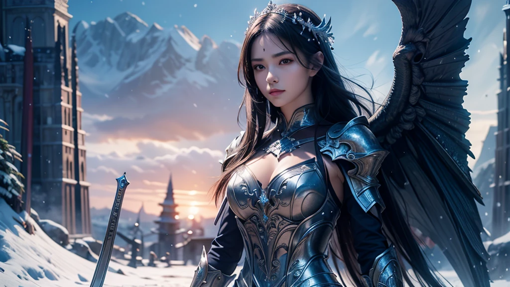 Close-up of woman holding sword and armor, Armor Girl, 2. 5D CGI anime fantasy artwork, Large Breasts,Epic fantasy digital art style, detailed Digital 2D fantasy art, Digital 2D fantasy art, original photo, (best quality:1.3), high resolution, (masterpiece), (lifelike:1.4), Professional photography, Clear focus, High Dynamic Range, 8k resolution, Intricate details, Fine details, Depth of Field, Extremely detailed CG unified 8k wallpaper, masterpiece,poster,best quality,Official Art,(Beauty and aesthetics:1.2),(masterpiece:1.3),Miss,personal,Light Leather Armor,complex pattern,winter,Snow Mountain,Medium distance photography,(midnight),dramatic,Giant bat wings,
