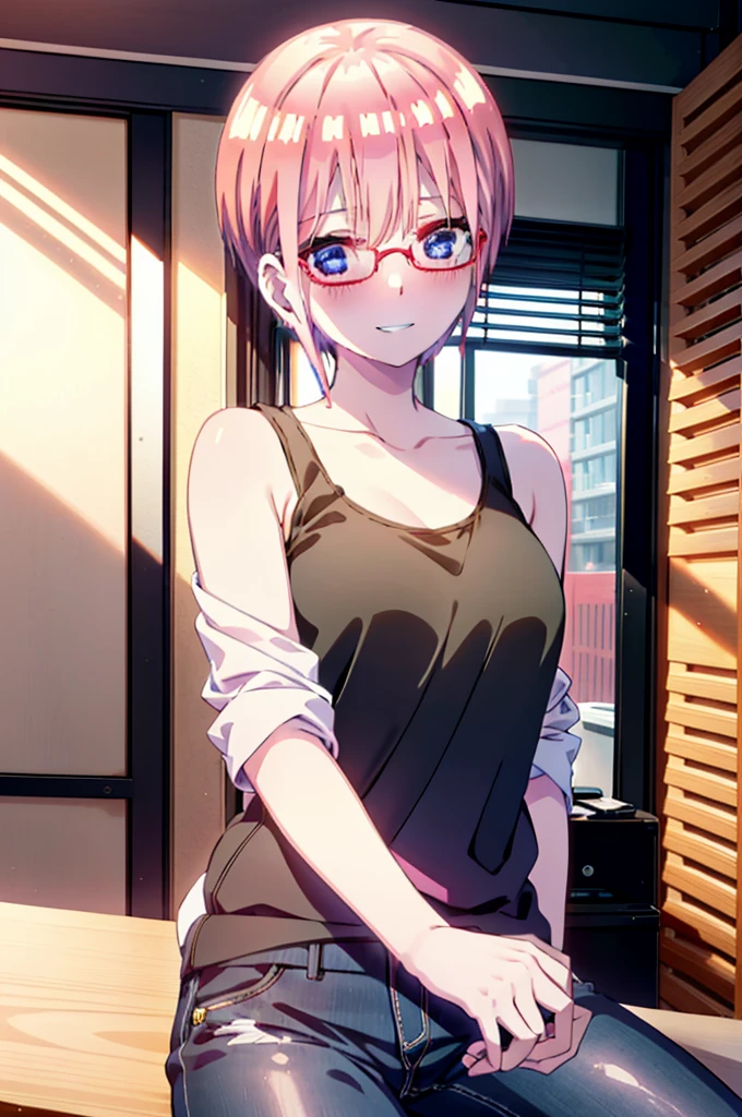 ichikanakano, Nakano Ichika, short hair, bangs, blue eyes, Hair between the eyes, Pink Hair, Grin,smile,Glasses,black tank top shirt,Skinny jeans,Stiletto heels,interior,There is a computer on the table,whole bodyがイラストに入るように,Walking,Daytime,Clear skies,
break indoors, office,
break looking at viewer,whole body,
break (masterpiece:1.2), Highest quality, High resolution, unity 8k wallpaper, (figure:0.8), (Beautiful attention to detail:1.6), Highly detailed face, Perfect lighting, Highly detailed CG, (Perfect hands, Perfect Anatomy),