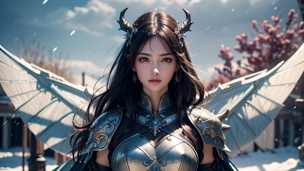 Close-up of woman holding sword and armor, Armor Girl, 2. 5D CGI anime fantasy artwork, Large Breasts,Epic fantasy digital art style, detailed Digital 2D fantasy art, Digital 2D fantasy art, original photo, (best quality:1.3), high resolution, (masterpiece), (lifelike:1.4), Professional photography, Clear focus, High Dynamic Range, 8k resolution, Intricate details, Fine details, Depth of Field, Extremely detailed CG unified 8k wallpaper, masterpiece,poster,best quality,Official Art,(Beauty and aesthetics:1.2),(masterpiece:1.3),Miss,personal,Light Leather Armor,complex pattern,winter,Snow Mountain,Medium distance photography,(midnight),dramatic,Giant bat wings,