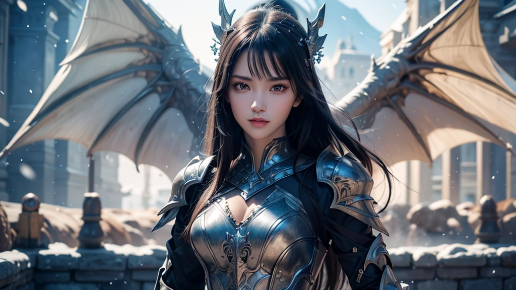 Create a realistic and stunning image of a beautiful dragon princess warrior floating in the sky. She wears intricately designed armor made of bronze and platinum scales, adorned with detailed dragon motifs. Her broad and mighty wings have metallic scales that shimmer and reflect light in a dazzling array. She carries a massive sword on her back. A fierce dragon is behind her, with one of its claws gently touching her shoulder. The scene is illuminated with magical lighting effects, casting glowing auras and dynamic shadows, creating an epic and majestic atmosphere. The style should be hyper-realistic, similar to those created with Unreal Engine 5.