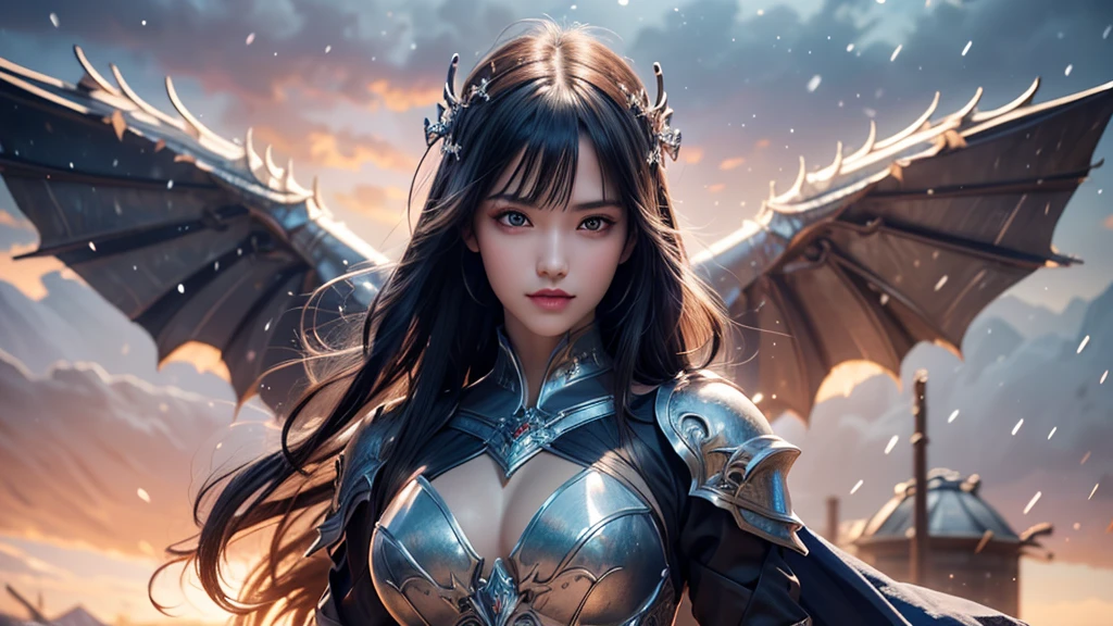 Close-up of woman holding sword and armor, Armor Girl, 2. 5D CGI anime fantasy artwork, Large Breasts，Epic fantasy digital art style, detailed Digital 2D fantasy art, Digital 2D fantasy art, original photo, (best quality:1.3), high resolution, (masterpiece), (lifelike:1.4), Professional photography, Clear focus, High Dynamic Range, 8k resolution, Intricate details, Fine details, Depth of Field, Extremely detailed CG unified 8k wallpaper, masterpiece，poster，best quality，Official Art，（Beauty and aesthetics：1.2），（masterpiece：1.3），Miss，personal，Light Leather Armor，complex pattern，winter，Snow Mountain，Medium distance photography，（midnight），dramatic，Giant bat wings，