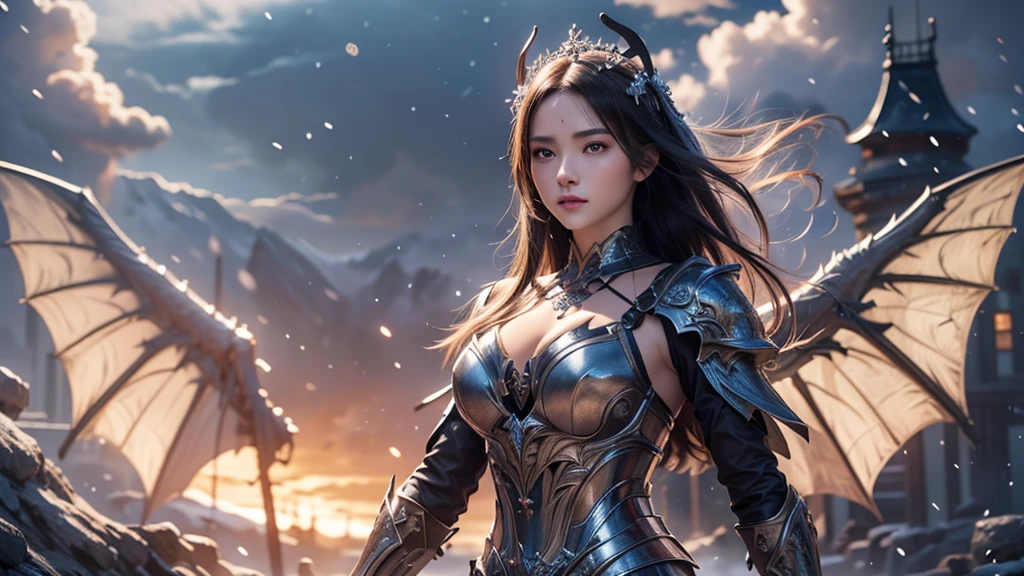 Close-up of woman holding sword and armor, Armor Girl, 2. 5D CGI anime fantasy artwork, Large Breasts,Epic fantasy digital art style, detailed Digital 2D fantasy art, Digital 2D fantasy art, original photo, (best quality:1.3), high resolution, (masterpiece), (lifelike:1.4), Professional photography, Clear focus, High Dynamic Range, 8k resolution, Intricate details, Fine details, Depth of Field, Extremely detailed CG unified 8k wallpaper, masterpiece,poster,best quality,Official Art,(Beauty and aesthetics:1.2),(masterpiece:1.3),Miss,personal,Light Leather Armor,complex pattern,winter,Snow Mountain,Medium distance photography,(midnight),dramatic,Giant bat wings,