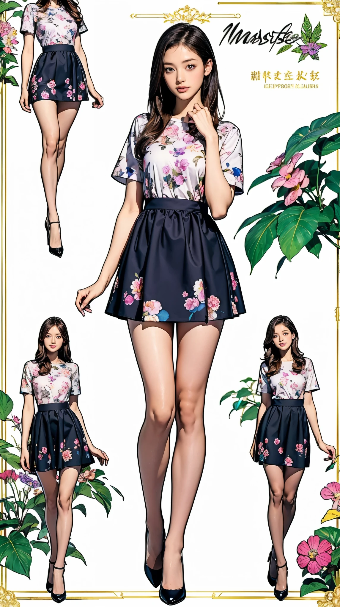 ((masterpiece)),(((Highest quality))),((Character design sheet)),Thin thighs,Long legs,whole body:1.5,(One Girl:1.3),(Black pantyhose and thick pointy heels:1.3),(Wearing a floral and plant patterned mini skirt dress:1.2),Short blonde:1.2、Model pose,Floral and botanical background:1.5,