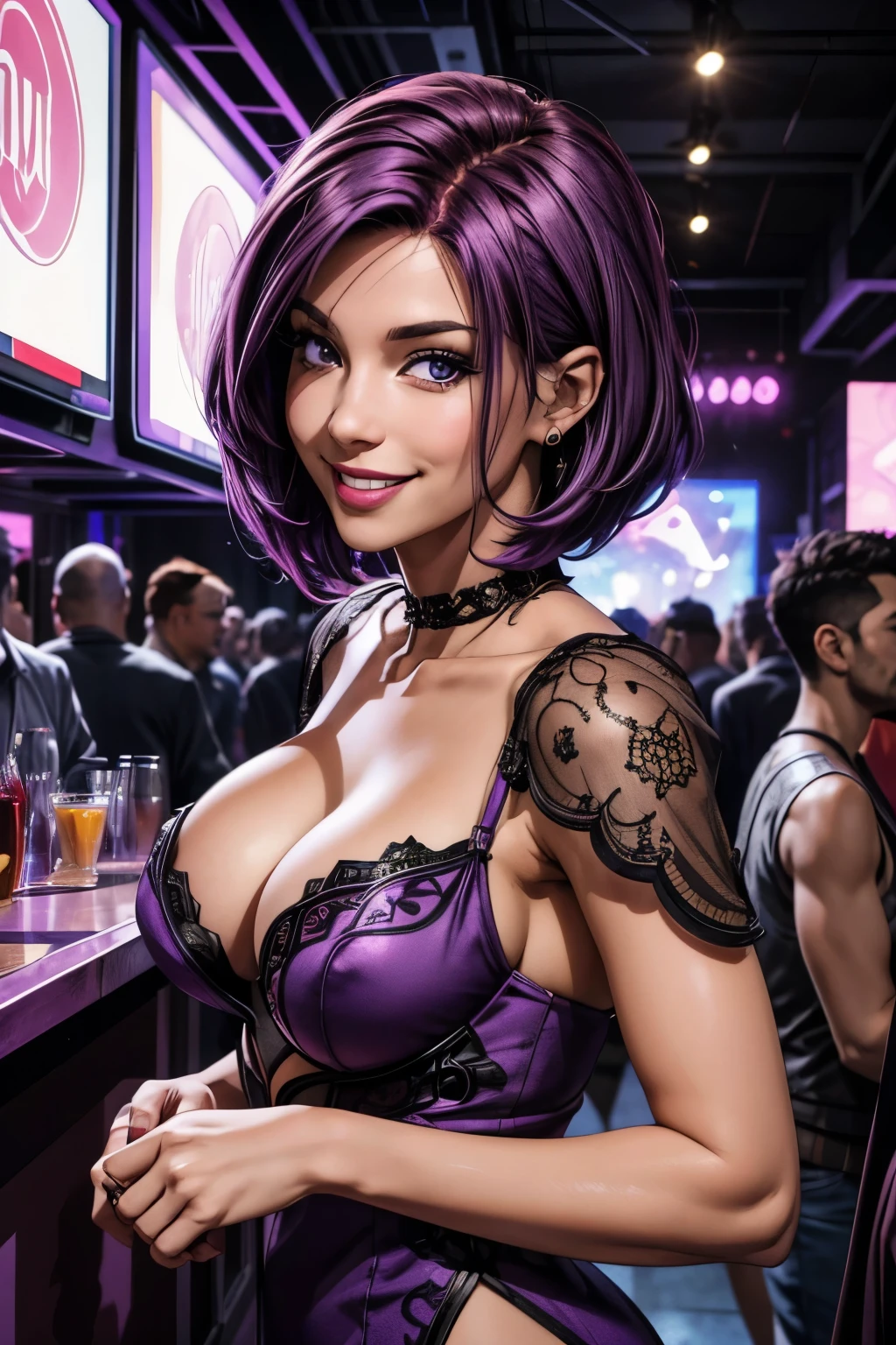 a purple haired woman, box cut hair, mingling among a crowd at a night club. She smiles at the camera with a knowing smile.(highres:1.3), (4k,8k,best quality, masterpiece), intricate details, (detailed hands and fingers)