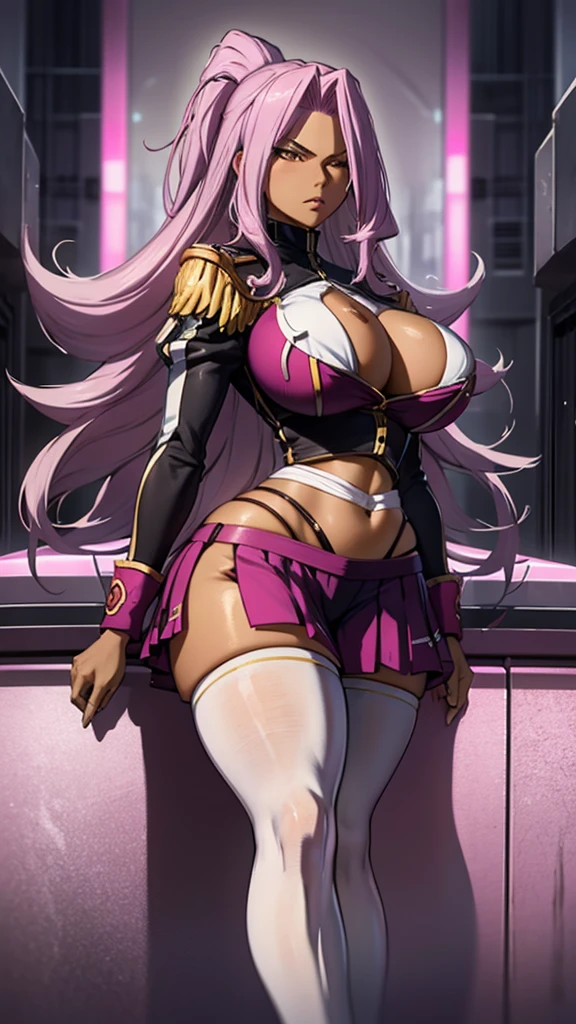 ANIME 
1girl, long hair, Ebony skin, ebony-skinned female, magenta hair,  hair over one eye, busty, gorgeous plump body, makeup, huge and round breasts, ponytail, yellow eyes, lips, thick thighs, magenta hair, yellow Elizabeth Mably's clothes, Elizabeth Mably's skirt, serious face, white high socks, background science laboratory