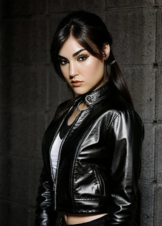 photo of beautiful Koh_SashaGrey, wearing leather jacket, (biker style:1.1), stern, intimidating, hyperdetailed photography, dim light, soft light, portrait, cover, best quality, (detailed beautiful face, detail skin texture, ultra-detailed body:1.1), high contrast, outdoors, highway