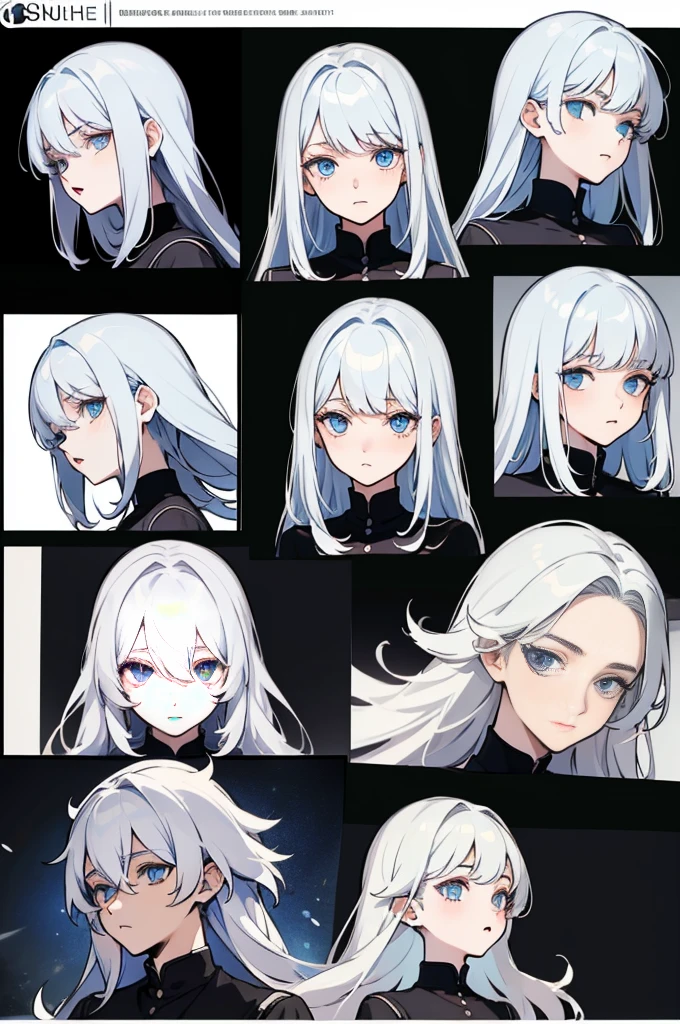 ((Masterpiece, Highest quality)), Detailed face, character sheets, full bodyesbian, 1boys,shoun,children's,Babe, Blue eyes, White hair, Long hair, Messy hair, , hair between eye,Black loose blouse, Full of details, Multiple poses and expressions, Highly detailed, Depth, Many parts