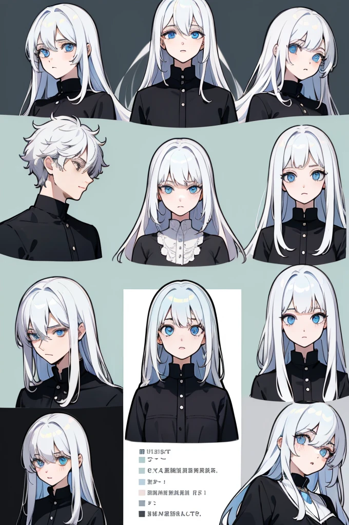 ((Masterpiece, Highest quality)), Detailed face, character sheets, full bodyesbian, 1boys,shoun,children's,Babe, Blue eyes, White hair, Long hair, Messy hair, , hair between eye,Black loose blouse, Full of details, Multiple poses and expressions, Highly detailed, Depth, Many parts