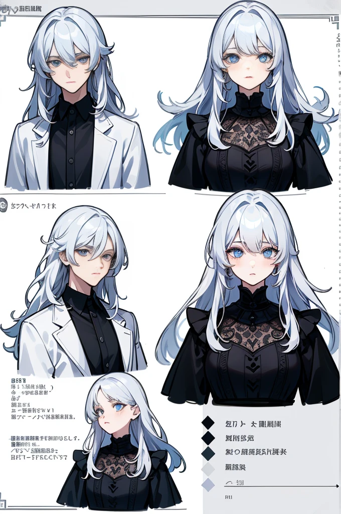 ((Masterpiece, Highest quality)), Detailed face, character sheets, full bodyesbian, 1boys,shoun,children's,Babe, Blue eyes, White hair, Long hair, Messy hair, , hair between eye,Black loose blouse, Full of details, Multiple poses and expressions, Highly detailed, Depth, Many parts