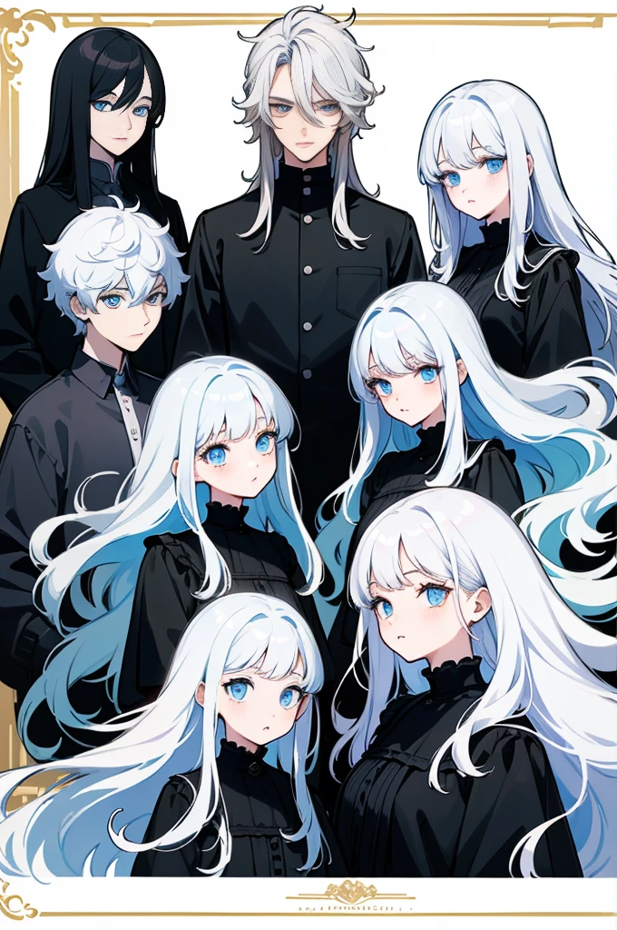 ((Masterpiece, Highest quality)), Detailed face, character sheets, full bodyesbian, 1boys,shoun,children's,Babe, Blue eyes, White hair, Long hair, Messy hair, , hair between eye,Black loose blouse, Full of details, Multiple poses and expressions, Highly detailed, Depth, Many parts