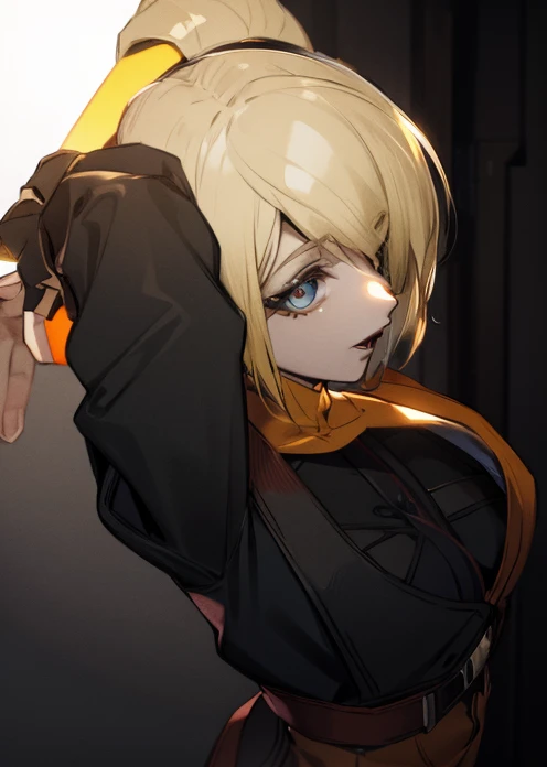 a close up of a woman with a black dress and black lipstick, blonde hime cut hair, with short hair, 1 7 - **** - *** anime goth girl, short pigtails hair, white hime cut hairstyle, sui ishida with blonde hair, with short hair with bangs, short blonde hair with bangs, short blonde hair, japanese gothic, blonde short hai