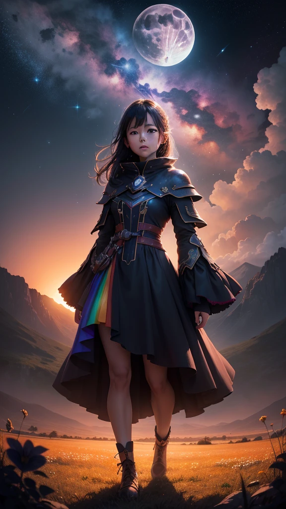 Wide landscape photography, (View from below, The sky is above, And the open field is below), A girl standing in a flower field looking up, (full moon: 1.2), (meteor: 0.9), (nebula: 1.3), Distant Mountain々 , wood々destroys art, (Warm Light: 1.2), (fire Fly: 1.2), Light, Lots of purple and orange, Intricate details, Volumetric Lighting Break (masterpiece: 1.2), (Highest quality), 4K, Super detailed, (Dynamic configuration: 1.4), Rich color and detail, (Rainbow colors: 1.2), (shine, Atmospheric lighting), dream-like, Magic, (alone: 1.2)