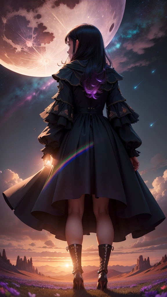 Wide landscape photography, (View from below, The sky is above, And the open field is below), A girl standing in a flower field looking up, (full moon: 1.2), (meteor: 0.9), (nebula: 1.3), Distant Mountain々 , wood々destroys art, (Warm Light: 1.2), (fire Fly: 1.2), Light, Lots of purple and orange, Intricate details, Volumetric Lighting Break (masterpiece: 1.2), (Highest quality), 4K, Super detailed, (Dynamic configuration: 1.4), Rich color and detail, (Rainbow colors: 1.2), (shine, Atmospheric lighting), dream-like, Magic, (alone: 1.2)