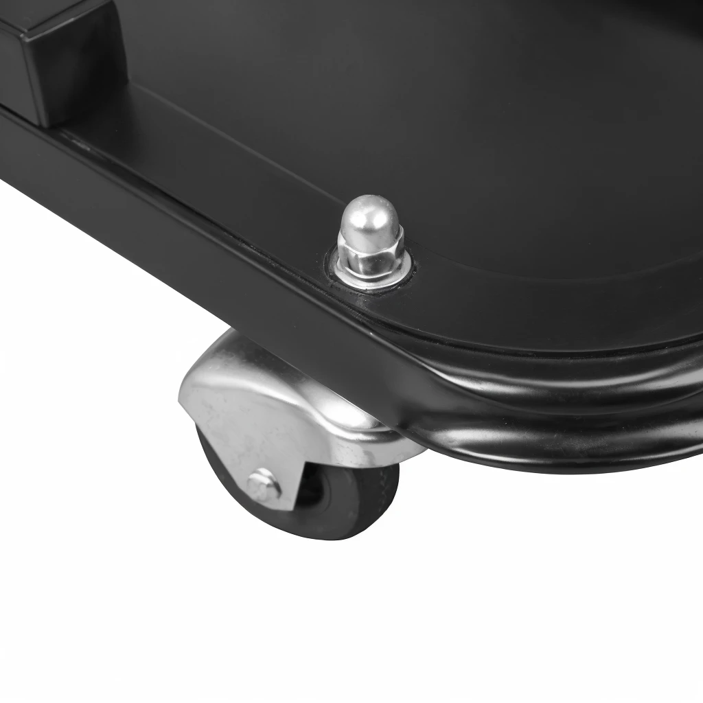 Close up of a black wheelbarrow with metal handles, Maximum, Exceptional detail, High quality details, Full Height View, Clear detailed view, High-detail product photos, Crisp details, Bottom Angle, Depth of detail, High resolution details, Powerful details, Rich in details, Center frame medium shot, Wonderful details, Zido, Detailed product images, Bottom View