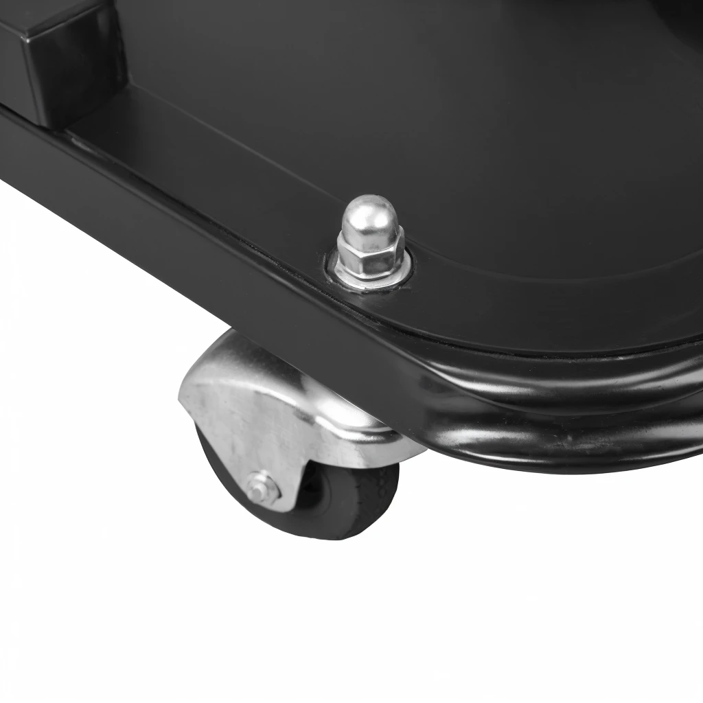 Close up of a black wheelbarrow with metal handles, Maximum, Exceptional detail, High quality details, Full Height View, Clear detailed view, High-detail product photos, Crisp details, Bottom Angle, Depth of detail, High resolution details, Powerful details, Rich in details, Center frame medium shot, Wonderful details, Zido, Detailed product images, Bottom View