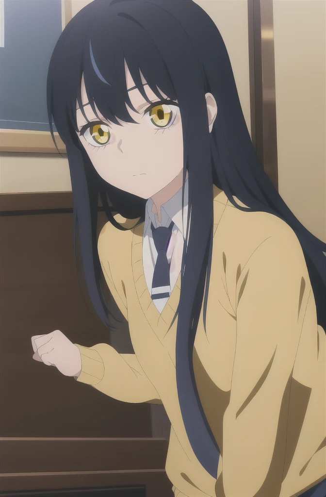 (extremely detailed CG unity 8k wallpaper), (masterpiece), (best quality), (ultra-detailed), (best illustration), (best shadow), (absurdres), miko, long hair, yellow eyes, necktie, sweater, black hair, blue hair, running, shirt, blurry