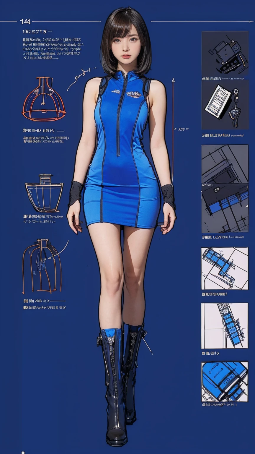 (Highest quality:1.2),(masterpiece, Intricate details),((The blueprint for a science fiction story:1.2)),((Nipples:1)),(user manual, sketch:1.5),(a photo of blueprintsketch),Parts Description,(Detailed description and description, article, Production drawing),documentation,Design process,high tech,girl, ((whole body)), boots, Big Breasts, tattoo, mud, Bumpy, (((-yeld gi Cute type, slim)))