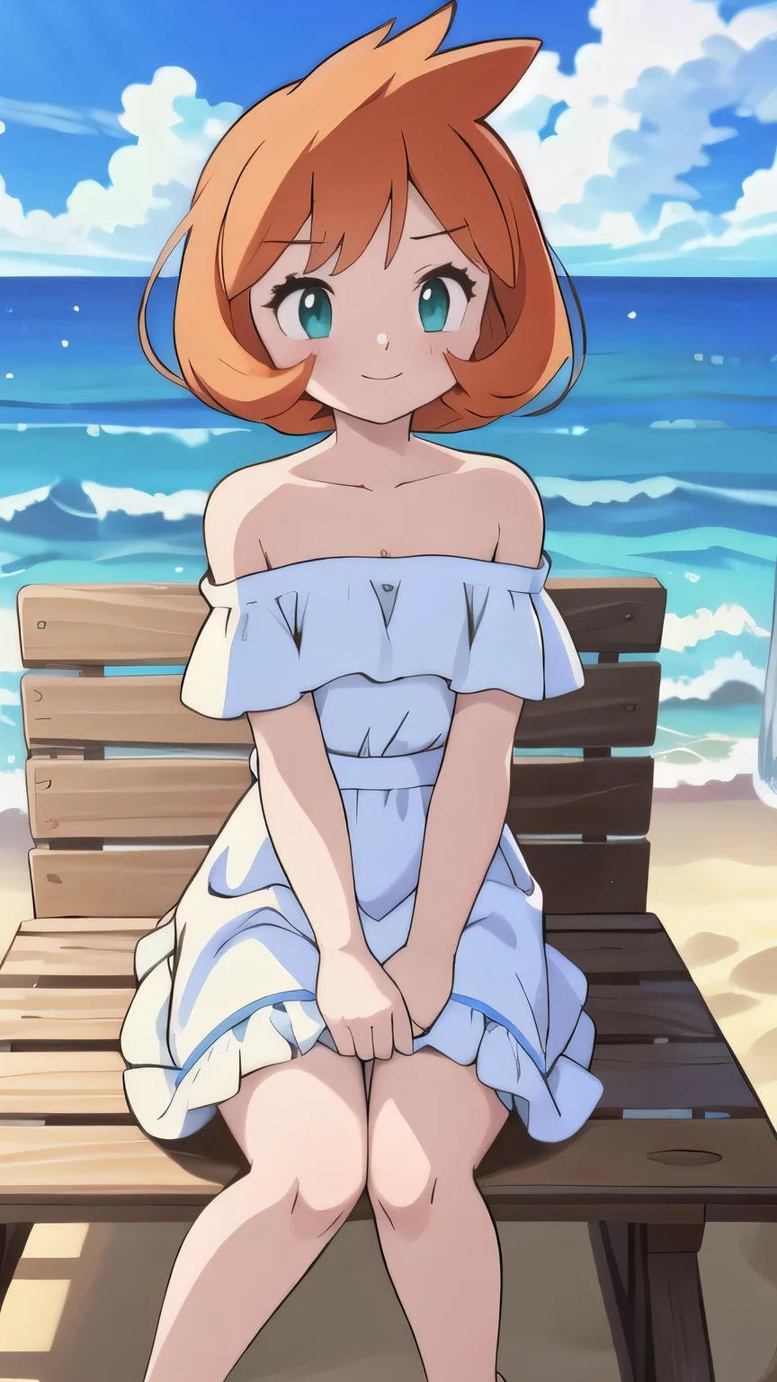 (retro anime girl:1.2), (white dress:1.1), (masterpiece:1.2), (best quality), (ultra detailed), (8k,4k), (half body:1.2), (cowboy:1.2), (highly detailed:1.2), (Ruffle Off-the-shoulder top:1.4), (Maxi skirt:1.4), mistymature, 1 girl, solo, Best quality, masterpiece, High Definition, Teenager, Green Eyes, Beautiful Detail Eyes, Orange Hair, Good hands at sides, Smile, Blushing, Bare Neck, Bare Arms, Bare Shoulders, short sleeve, Strapless, White Ruffle Off-the-Shoulder Top, White Off-the-shoulder Dress, White maxi dress, sitting down on the beach, Background, blue skies,