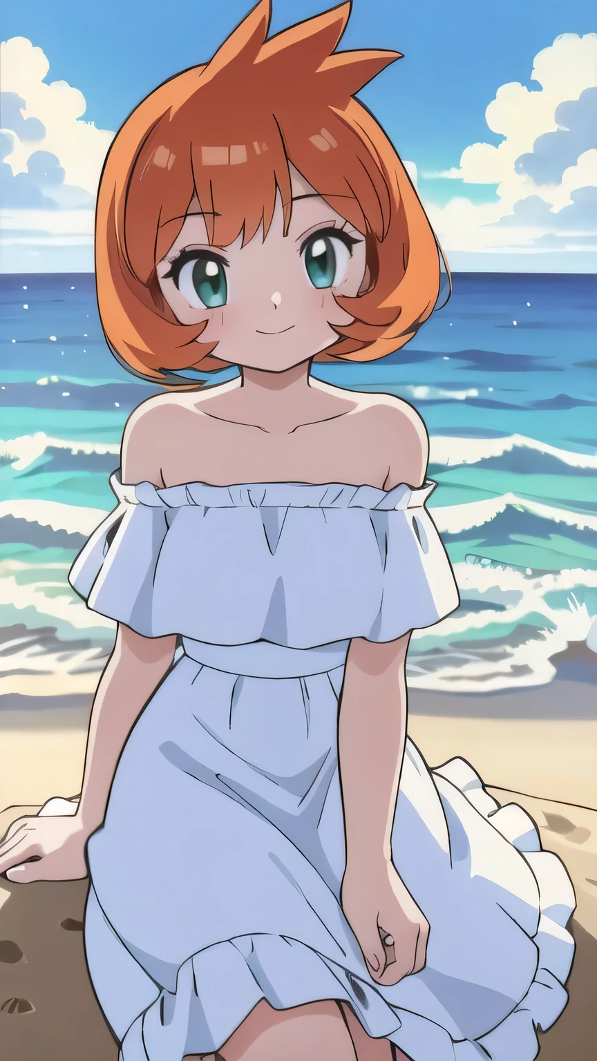 (retro anime girl:1.2), (white dress:1.1), (masterpiece:1.2), (best quality), (ultra detailed), (8k,4k), (half body:1.2), (cowboy:1.2), (highly detailed:1.2), (Ruffle Off-the-shoulder top:1.4), (Maxi skirt:1.4), mistymature, 1 girl, solo, Best quality, masterpiece, High Definition, Teenager, Green Eyes, Beautiful Detail Eyes, Orange Hair, Good hands at sides, Smile, Blushing, Bare Neck, Bare Arms, Bare Shoulders, short sleeve, Strapless, White Ruffle Off-the-Shoulder Top, White Off-the-shoulder Dress, White maxi dress, sitting down on the beach, Background, blue skies,