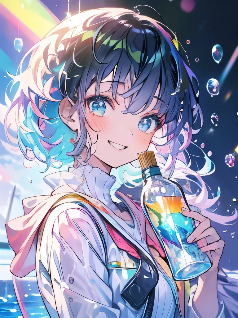 masterpiece、girl、Rainbow Hair、Sparkling eyes、smile、Water splash background、Holding a plastic bottle、