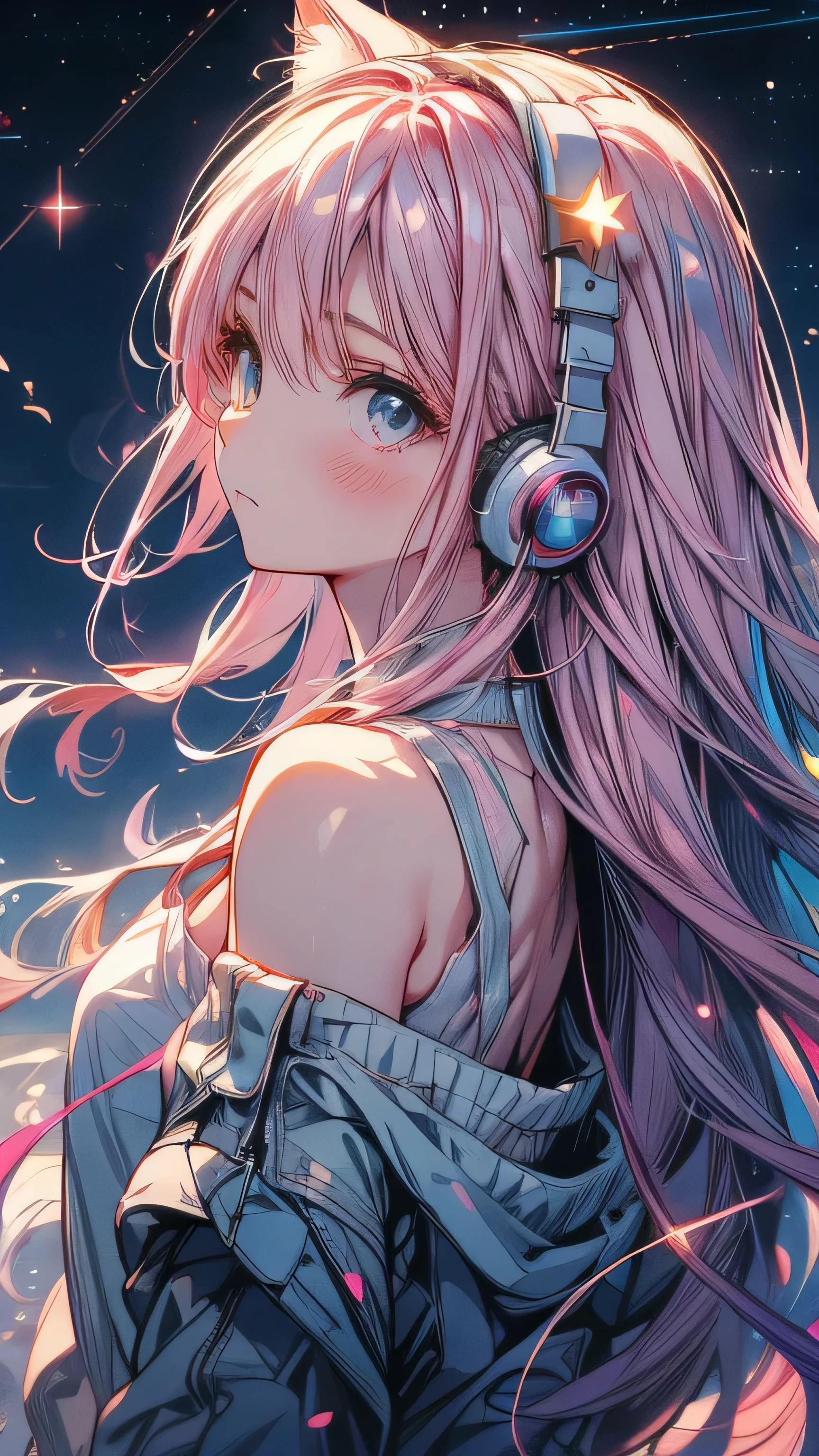 Pink Hair,whole body,front,Wearing a white tank top,Light clothing in summer,night starry sky background,Sad expression,Double Tail,headphone,night,moon,Star,Meteor,Looking up at the stars,Full moon,Many Stars,milky way