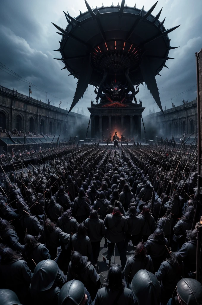 shadow demons marching into battle, ritualistic drums, low and heavy guitar, the music of the hordes of hell, metal